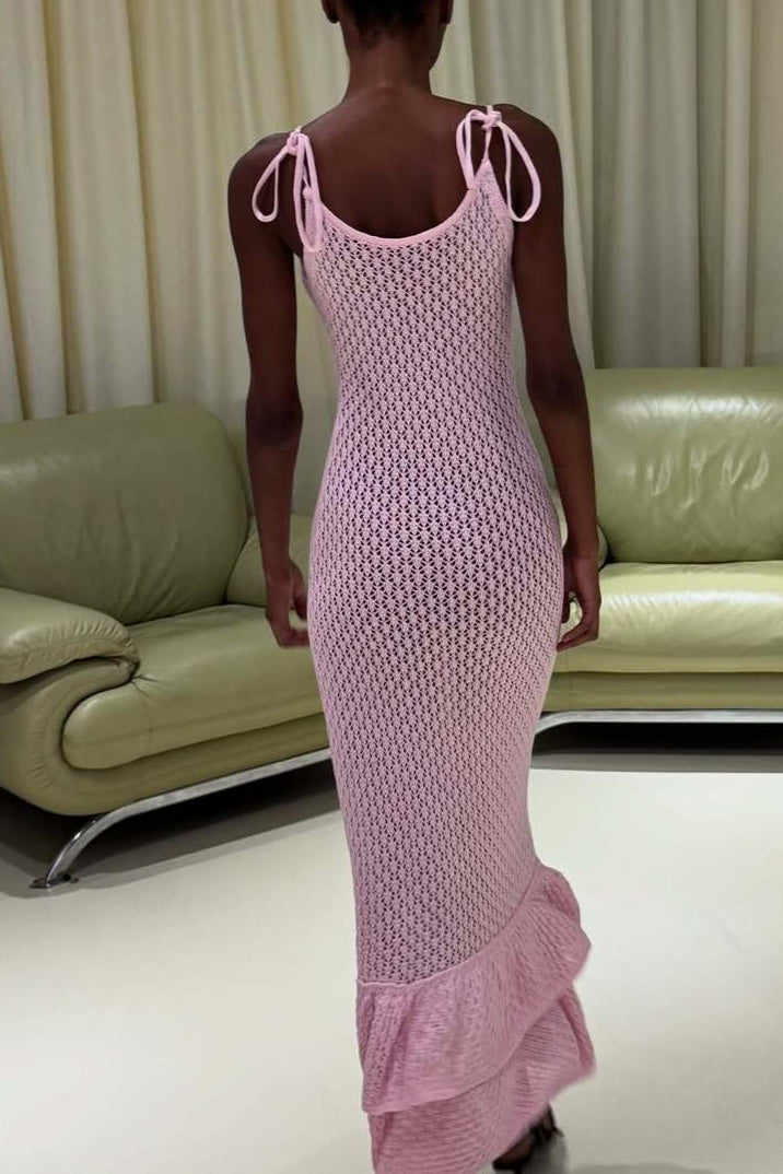 Vestido largo de punto con volantes bohemio, sexy, con recortes y tirantes transparentes