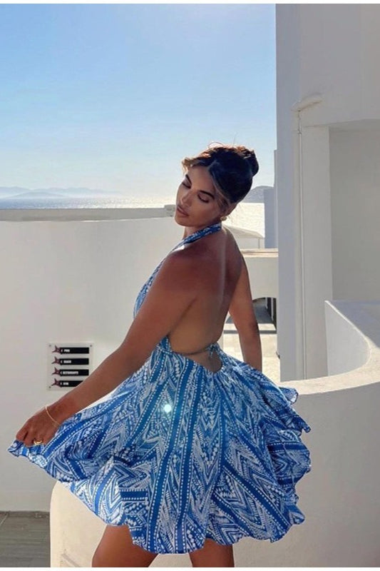 Vestido bohemio floral sexy con espalda descubierta y cuello halter