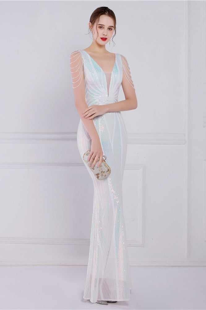 Vestido de fiesta sirena con lentejuelas y flores de cuentas