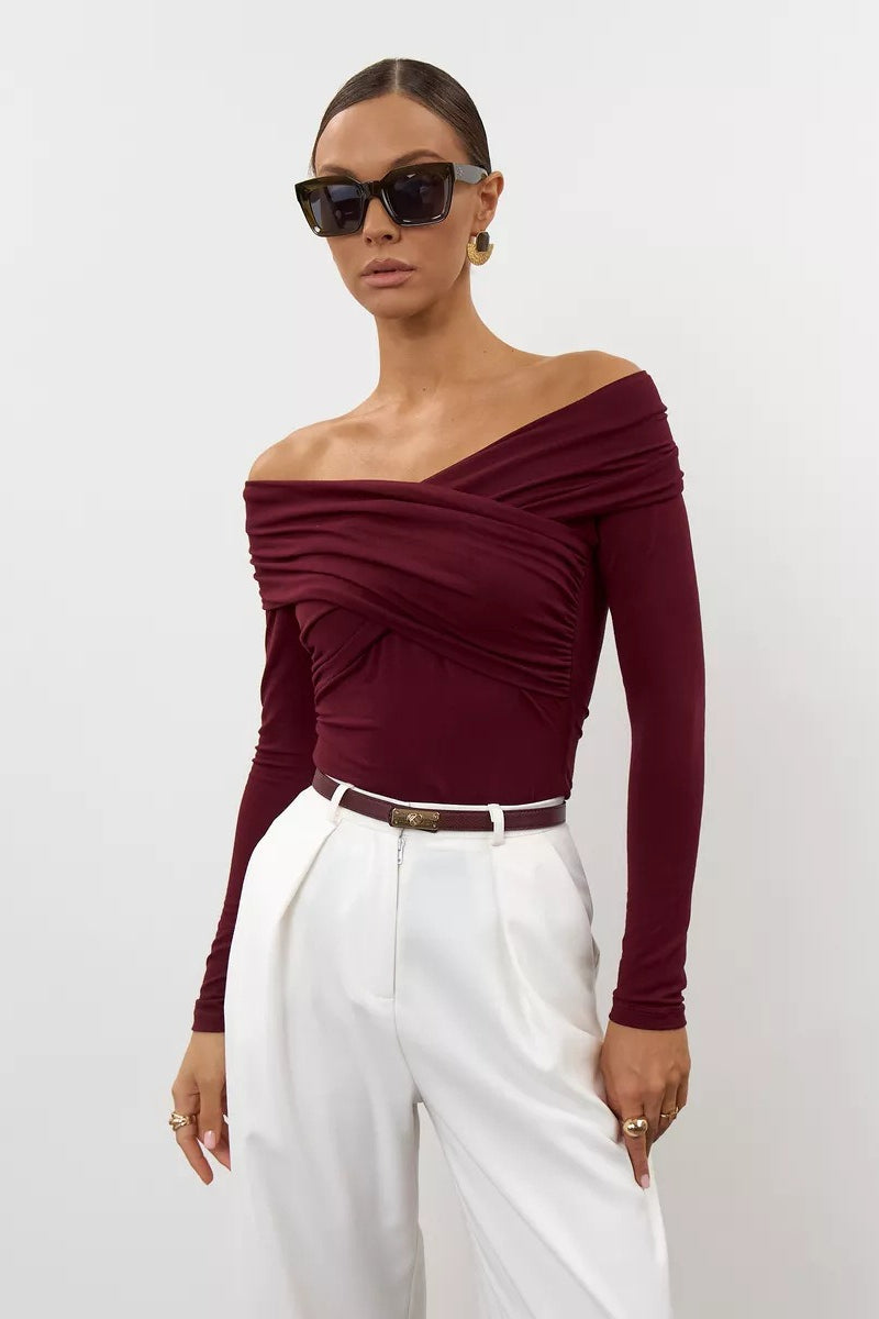 Ruched Cross Slim Bare-Shoulder Long Sleeve Tee