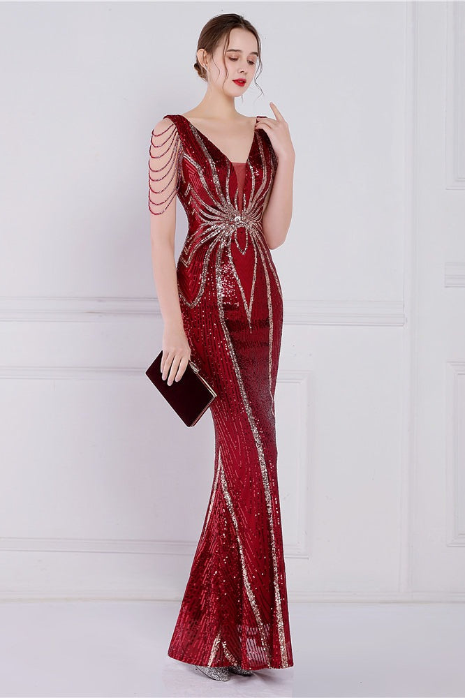 Vestido de fiesta sirena con lentejuelas y flores de cuentas