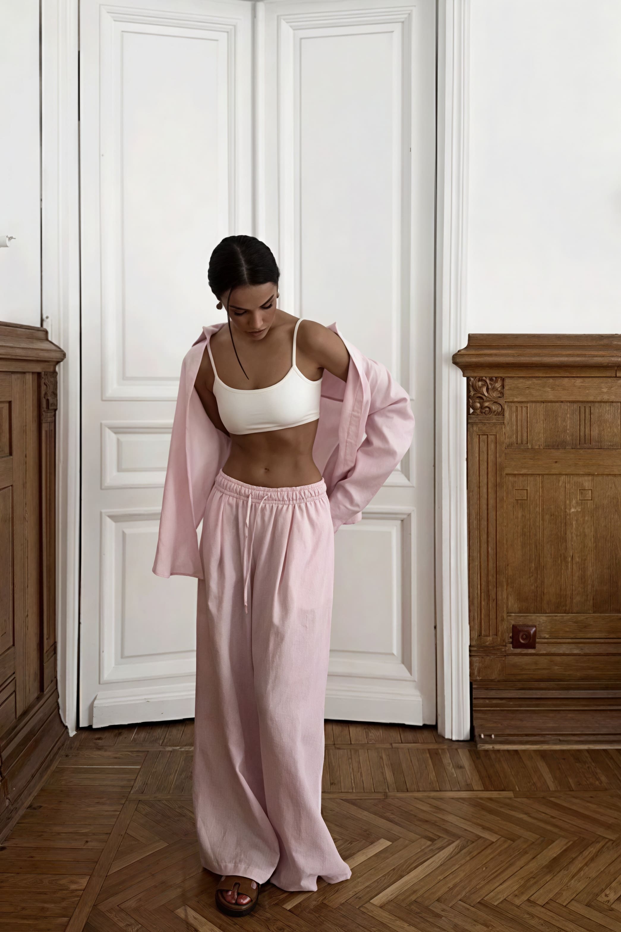 Bavlněný volný dvoudílný komplet s dlouhým rukávem a kalhotami