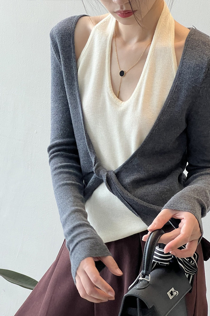 Dlouhé tričko s vrstveným patchworkovým halterem a dlouhým rukávem