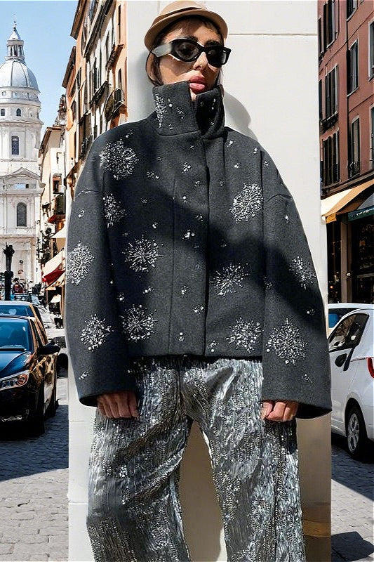 Vintage Rhinestone Turtleneck Loose Coat