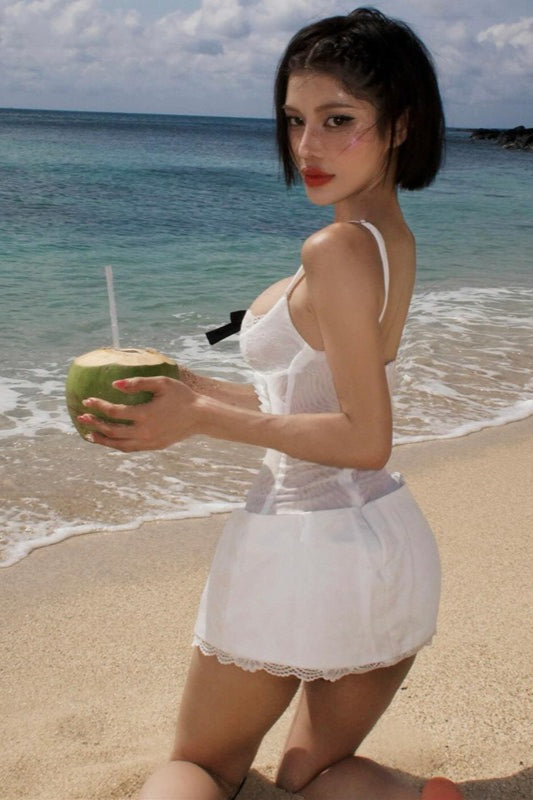 Fliege Spitzenfleck Spaghettiträger Minikleid