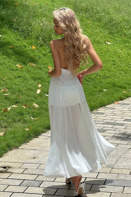 Maxikleid mit Blumenmuster, Tupfen, rückenfrei und zum Binden