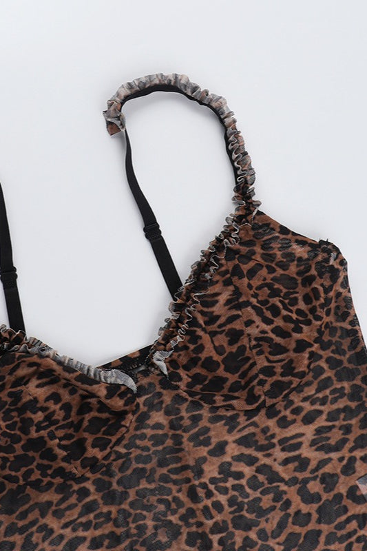 Sexy Leopard Print Sheer Ruffled Trim Cami Top