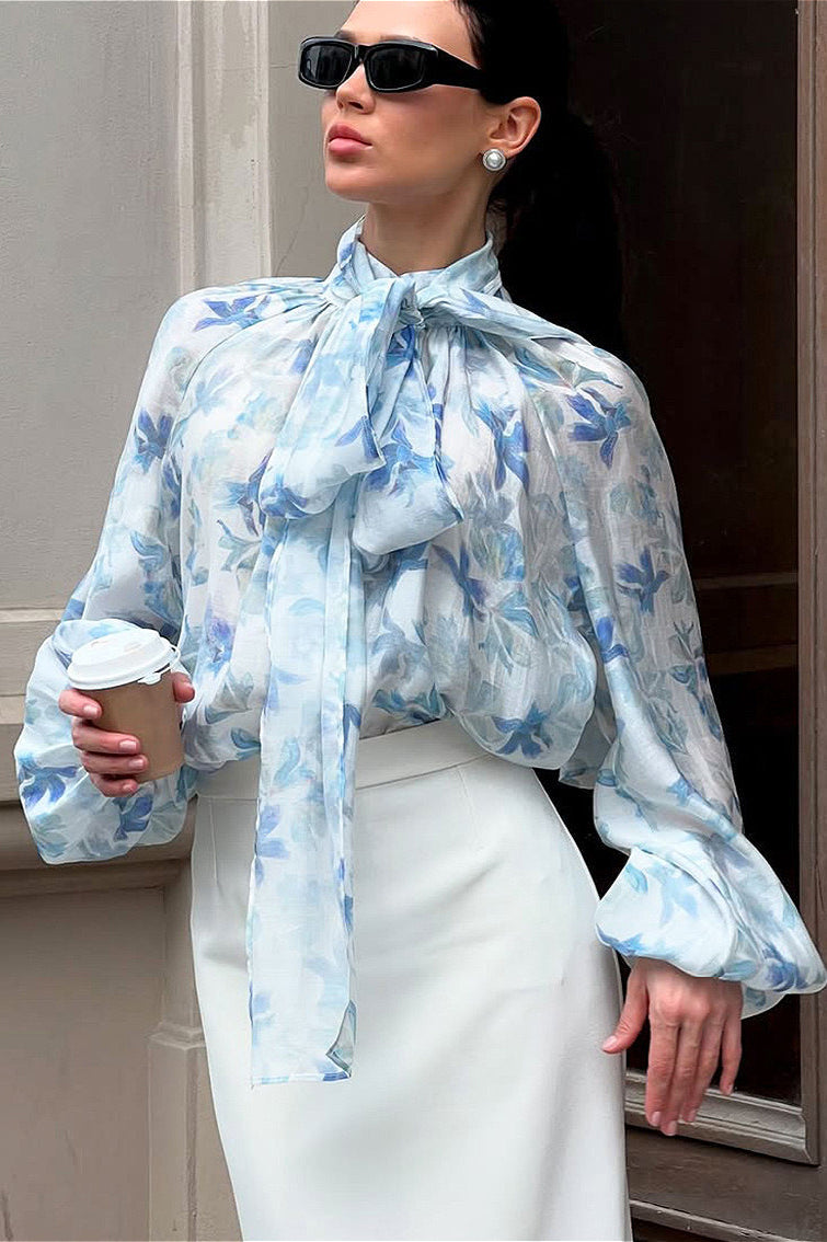 Elegant Tie Lantern Sleeve Floral Blouse