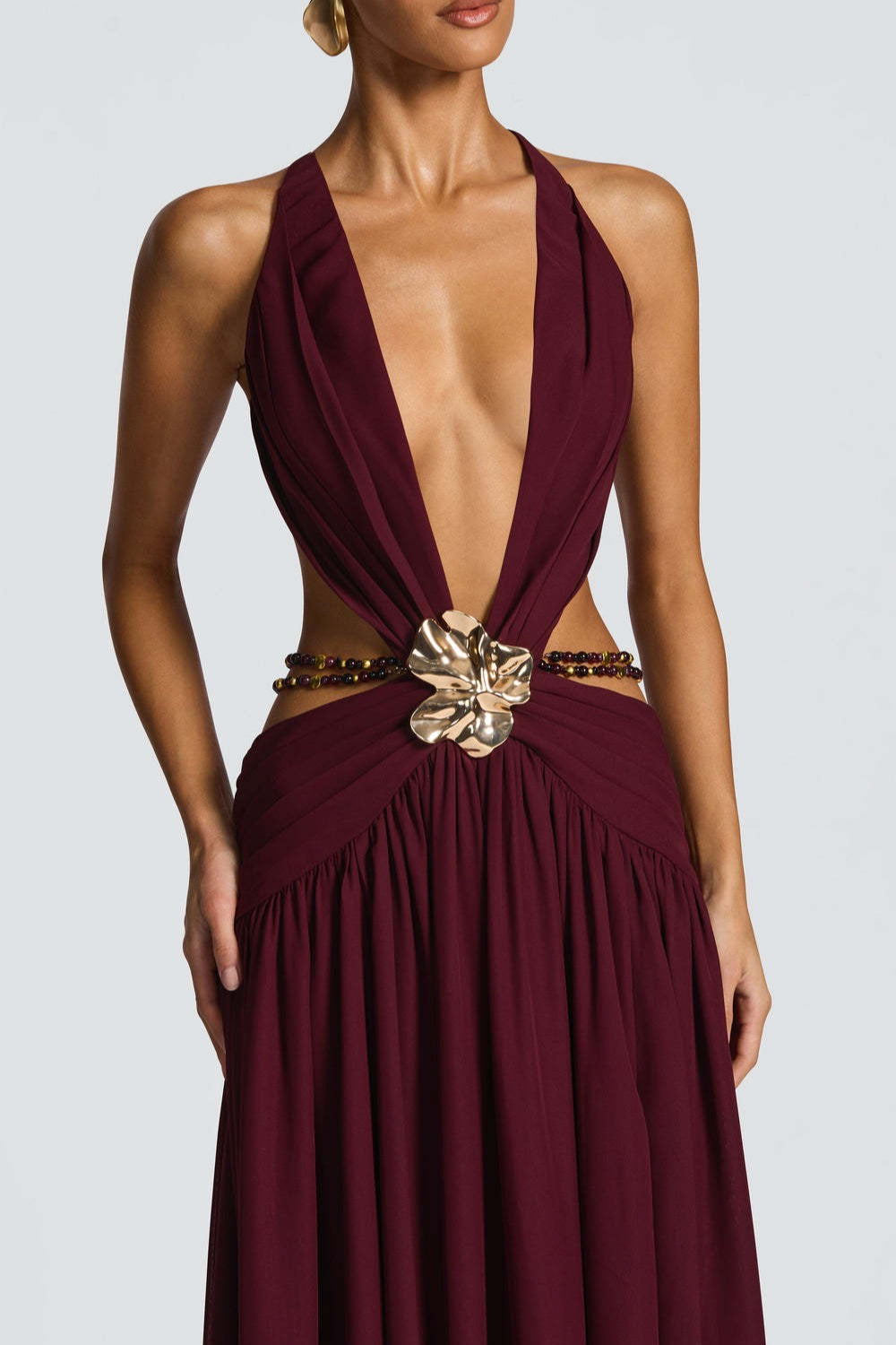 Halter Deep V Tie Backless High Slit Maxi Dress