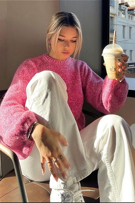 Crew-Neck Long-Sleeve Backless Tie-Knit Short Sweater