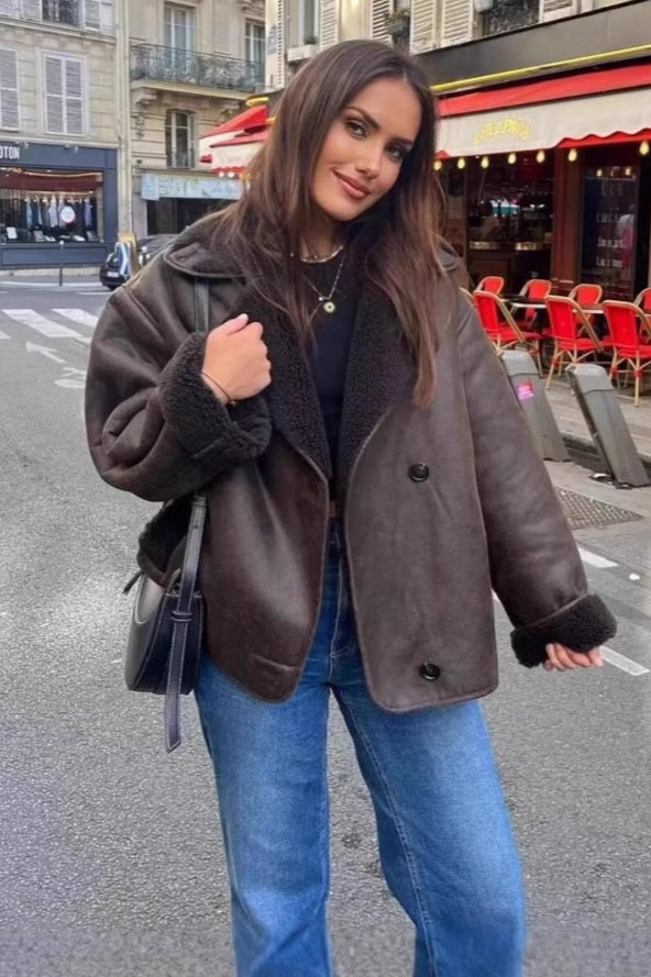 Jacke mit lockerem Schnitt und Kunstlammfellfutter