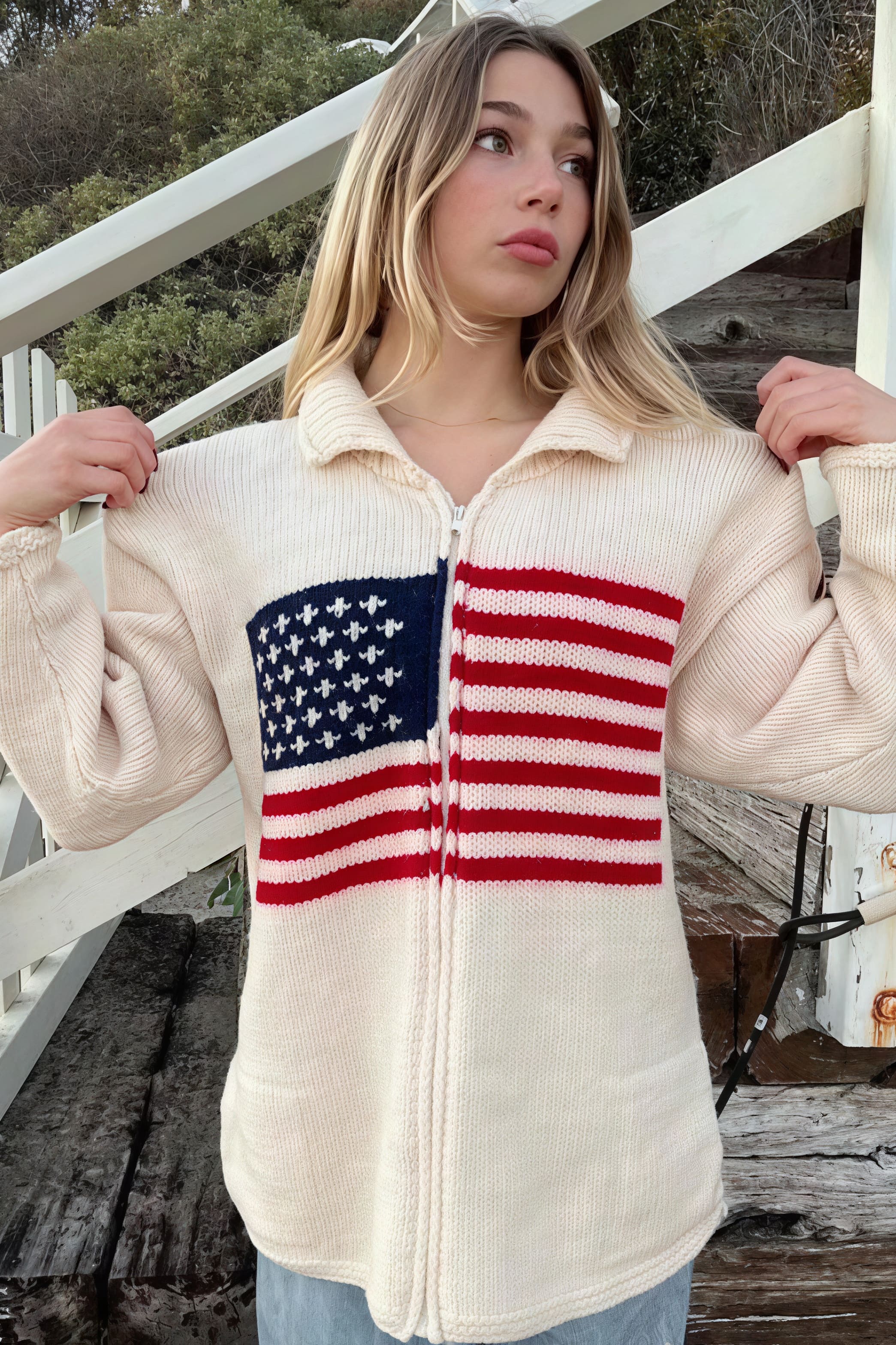 Warm Flag Print Stylish Knit Cardigan