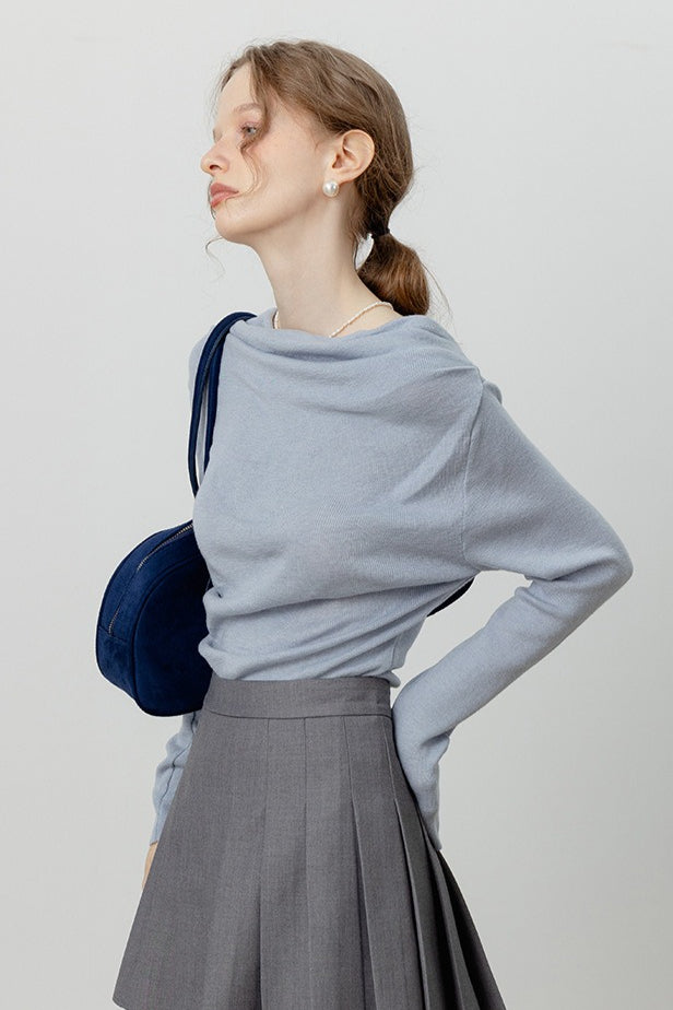 T-shirt chic à manches longues avec col bénitier, taille nouée et épaules dénudées