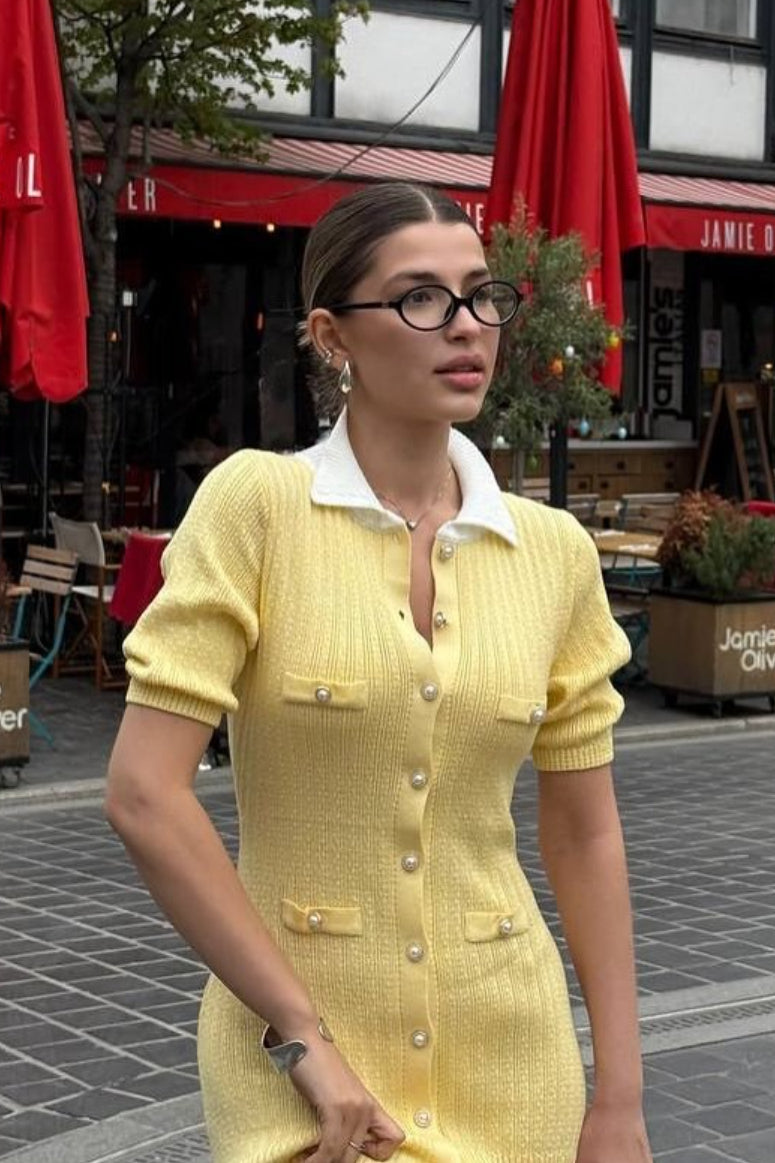 Single Breasted V Neck Knitted Slit Peter Pan Collar Midi Dress