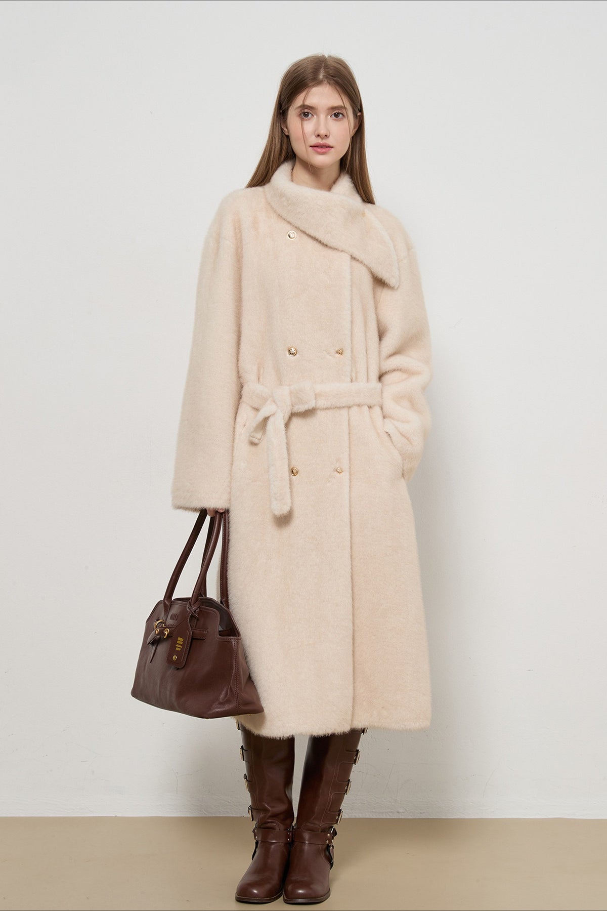 Luxuriöser Kunstpelz Tweed langer eleganter Damenmantel