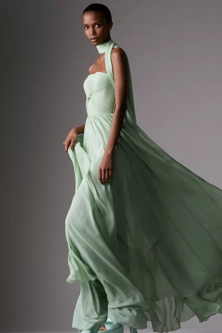 Schleife gerafftes trägerloses Band elegantes Maxikleid