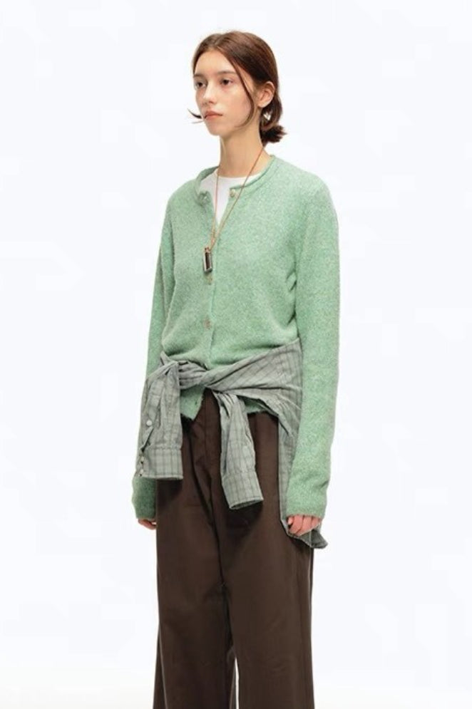 Green Wool Blend Crew Neck Knit Cardigan