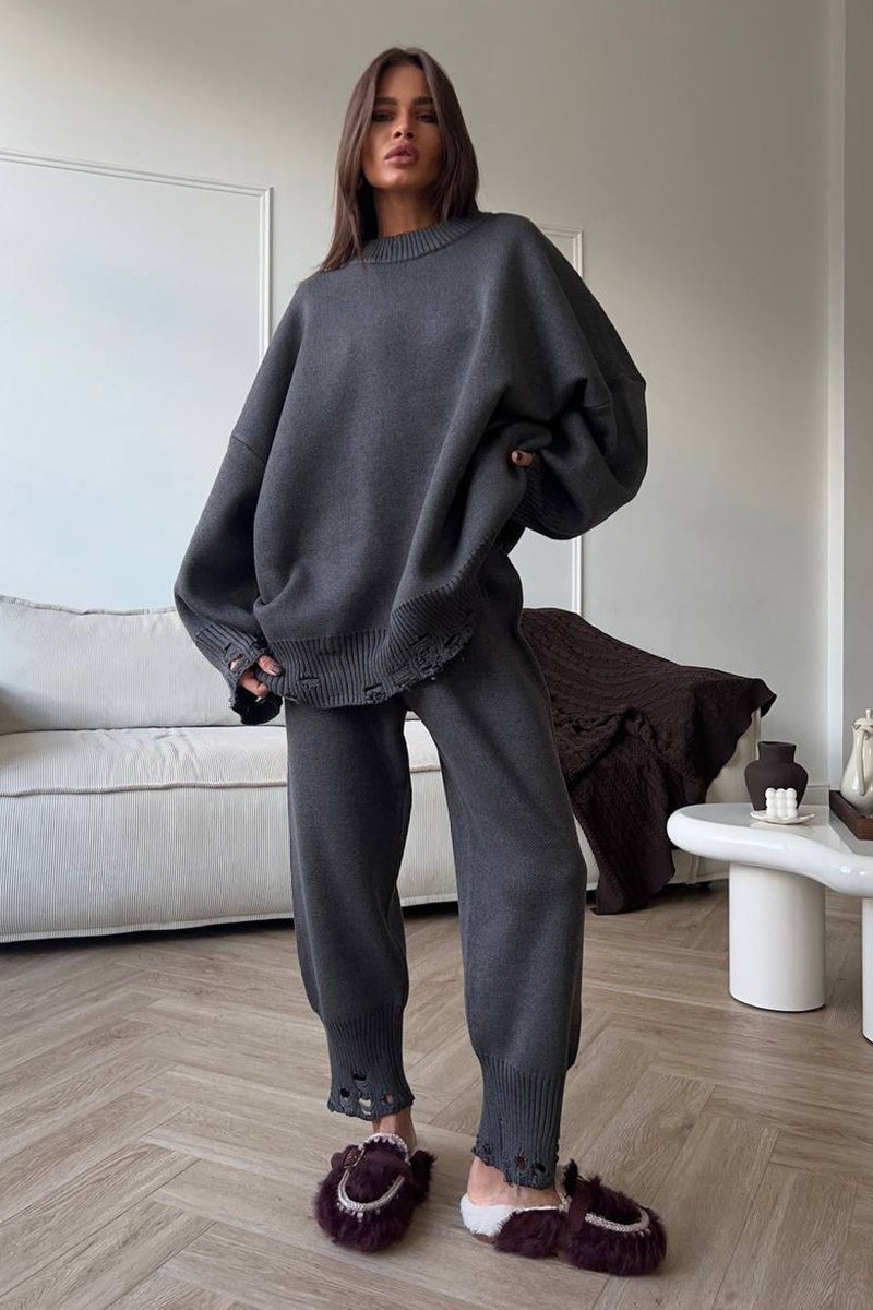 Solider grob gestrickter Pullover mit Rundhalsausschnitt, zweiteiliges Set