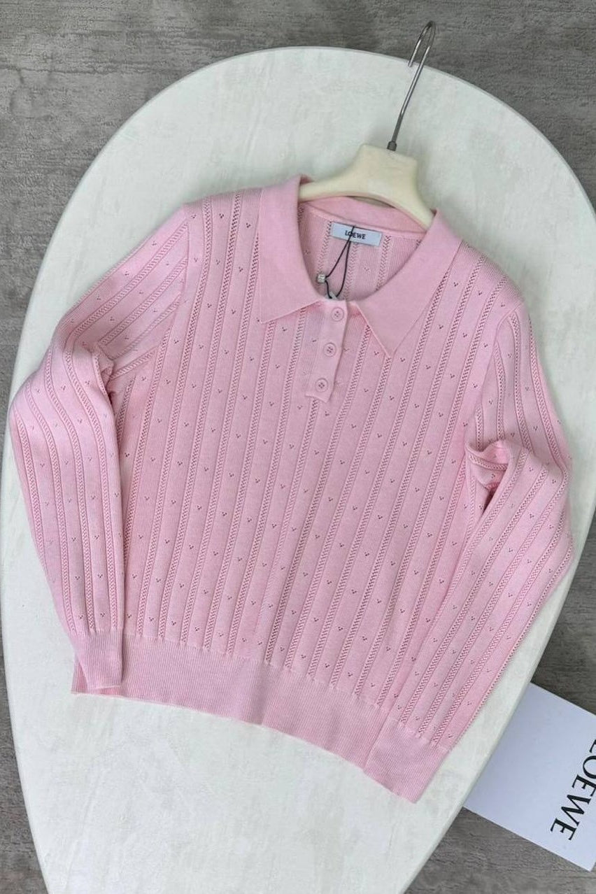 Jacquard Polo Collar Long Sleeve Loose Blouse