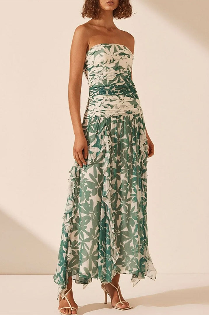 Printed Strapless Chiffon Boho Dress