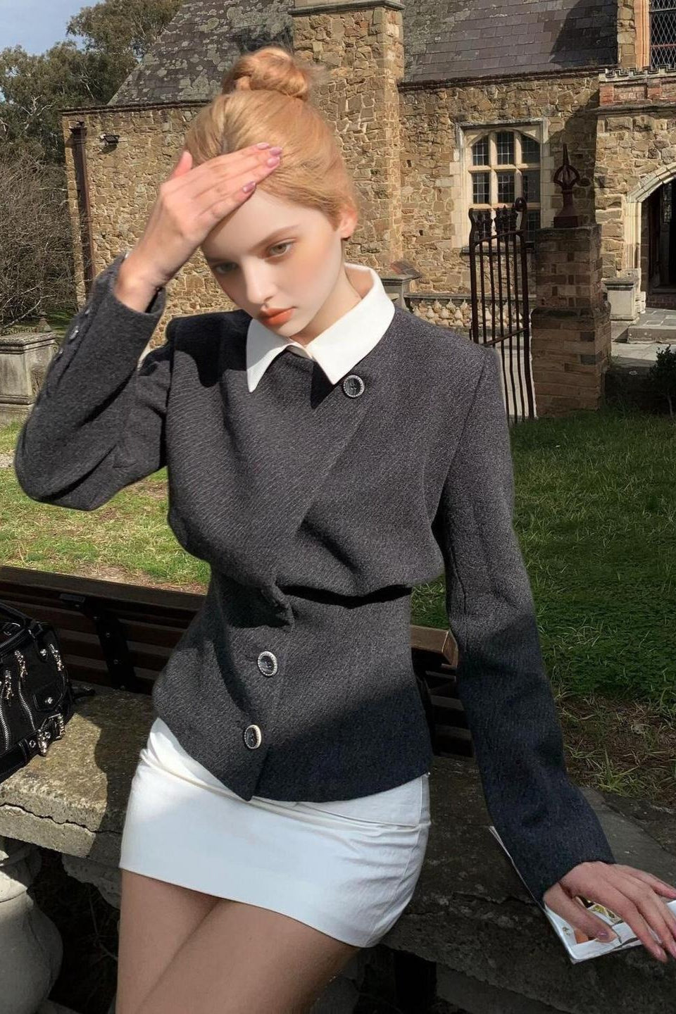 Elegant Solid Wool Faux Two-Piece Tapered Notch Collar Coat