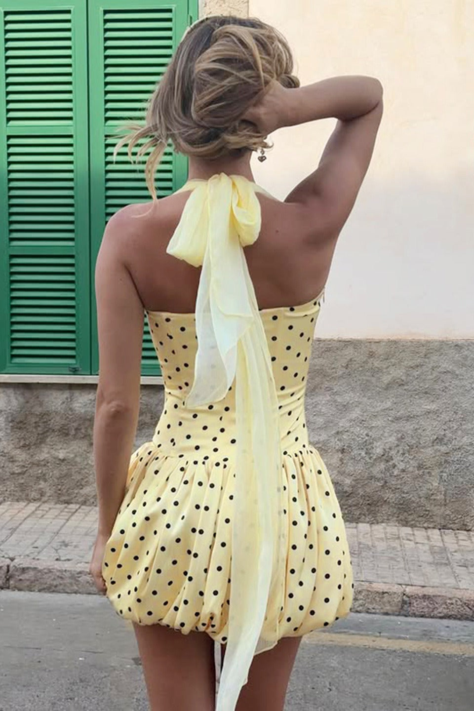 Polka Dot Sash Halter Tulip Mini Dress