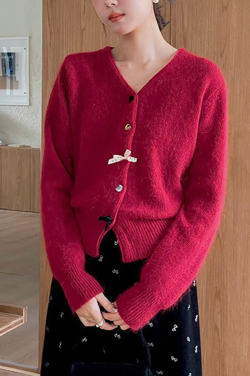 Cardigan boutonné à col en V avec nœud décoratif