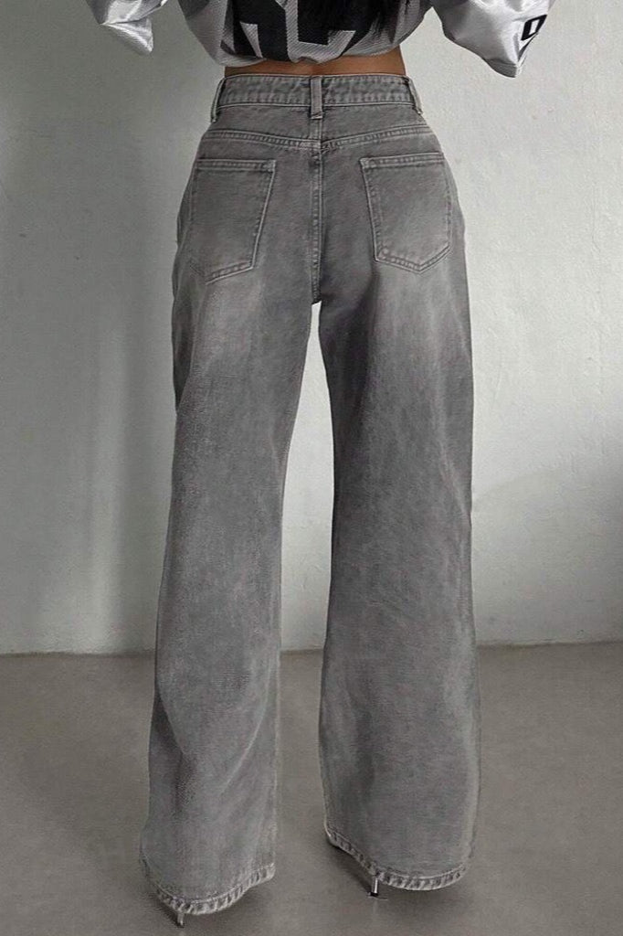 Jeans de pierna recta gris cemento de talle alto