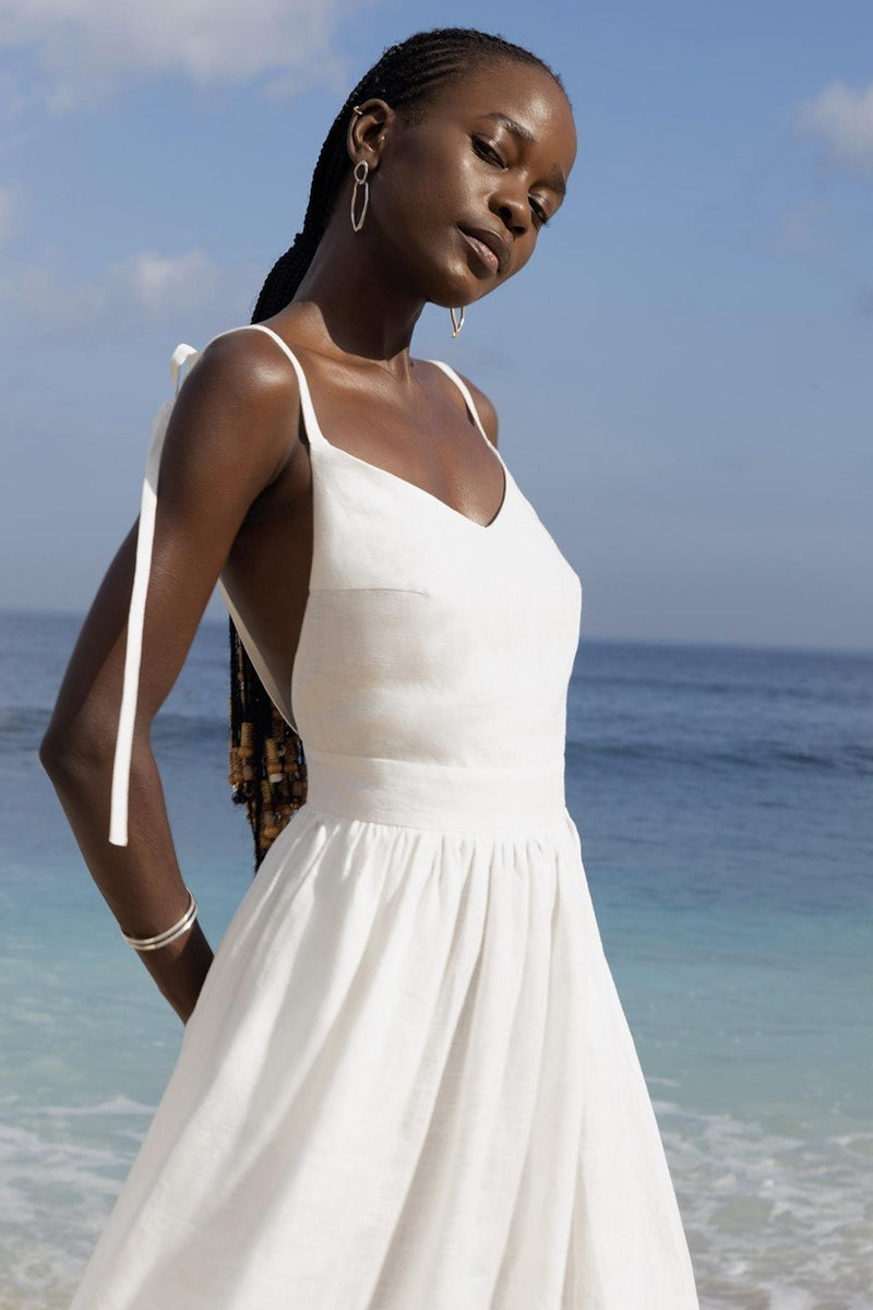 Cotton V Neck Spaghetti Strap Elegant Tie Backless Midi Dress