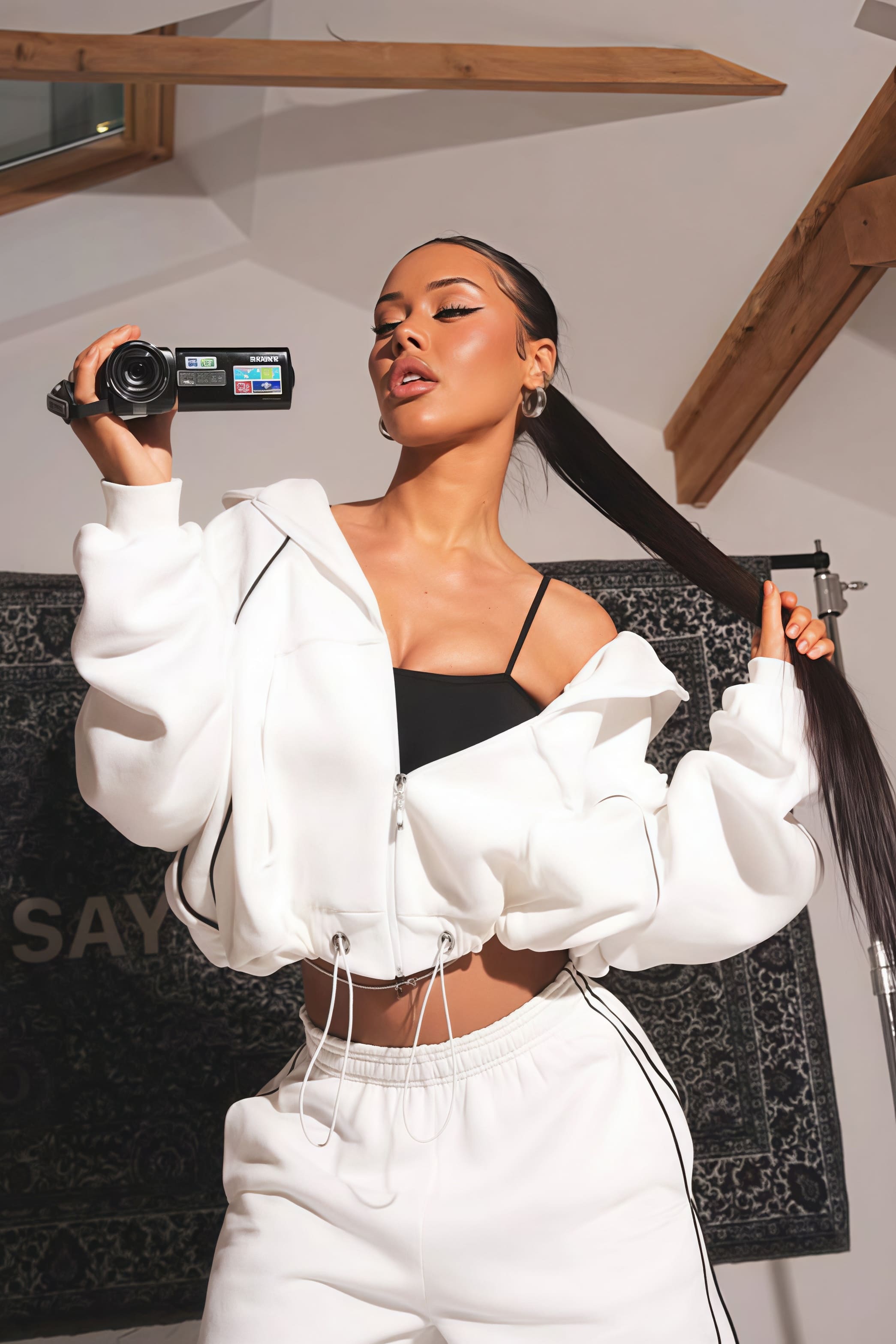 Farbblock Gestreifter Kapuzen-Reißverschluss Lockerer Zweiteiler