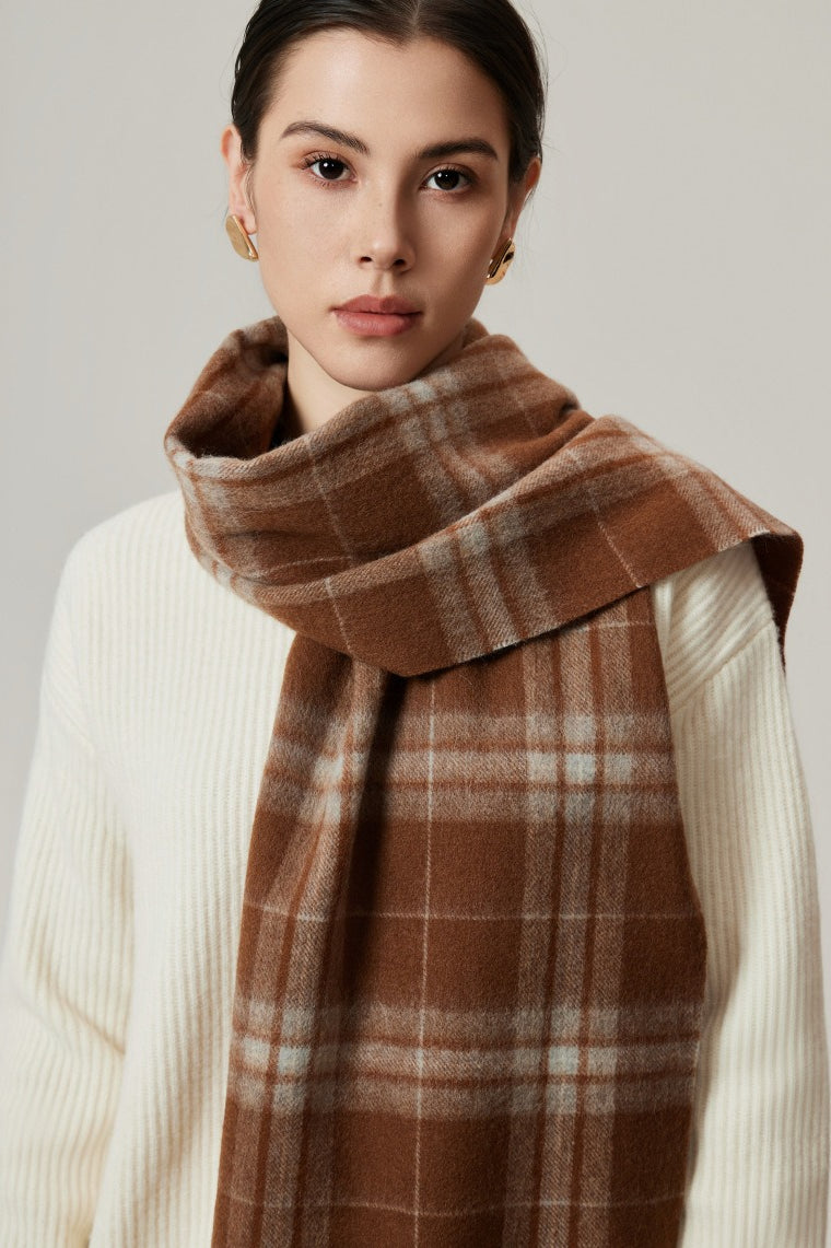 100% Wool Plaid Fringed Minimalist Scarf