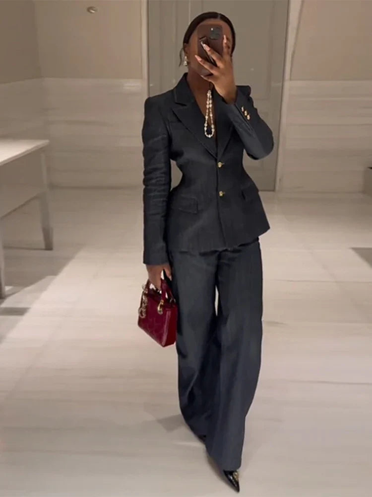 Conjunto de Dois Peças com Jaqueta Jeans e Calça Jeans de Cintura Alta para Escritório