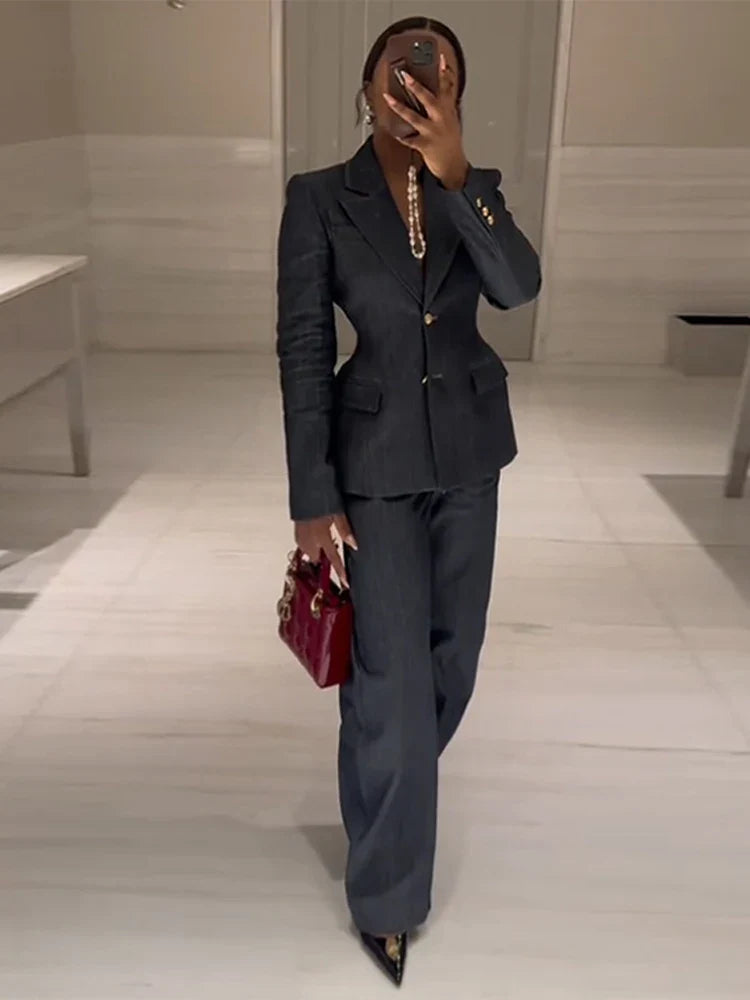 Conjunto de Dois Peças com Jaqueta Jeans e Calça Jeans de Cintura Alta para Escritório