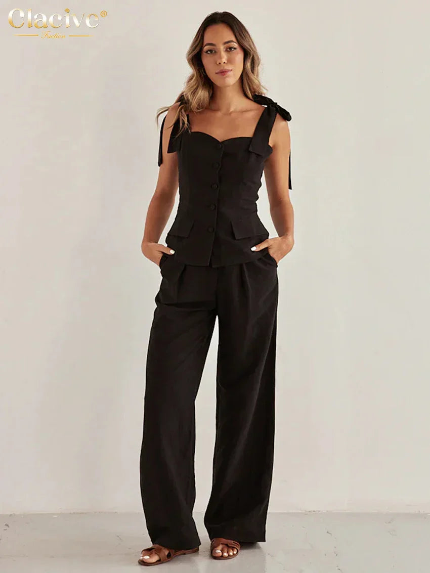 Black Cotton Slim Sleeveless Office Two Piece Set
