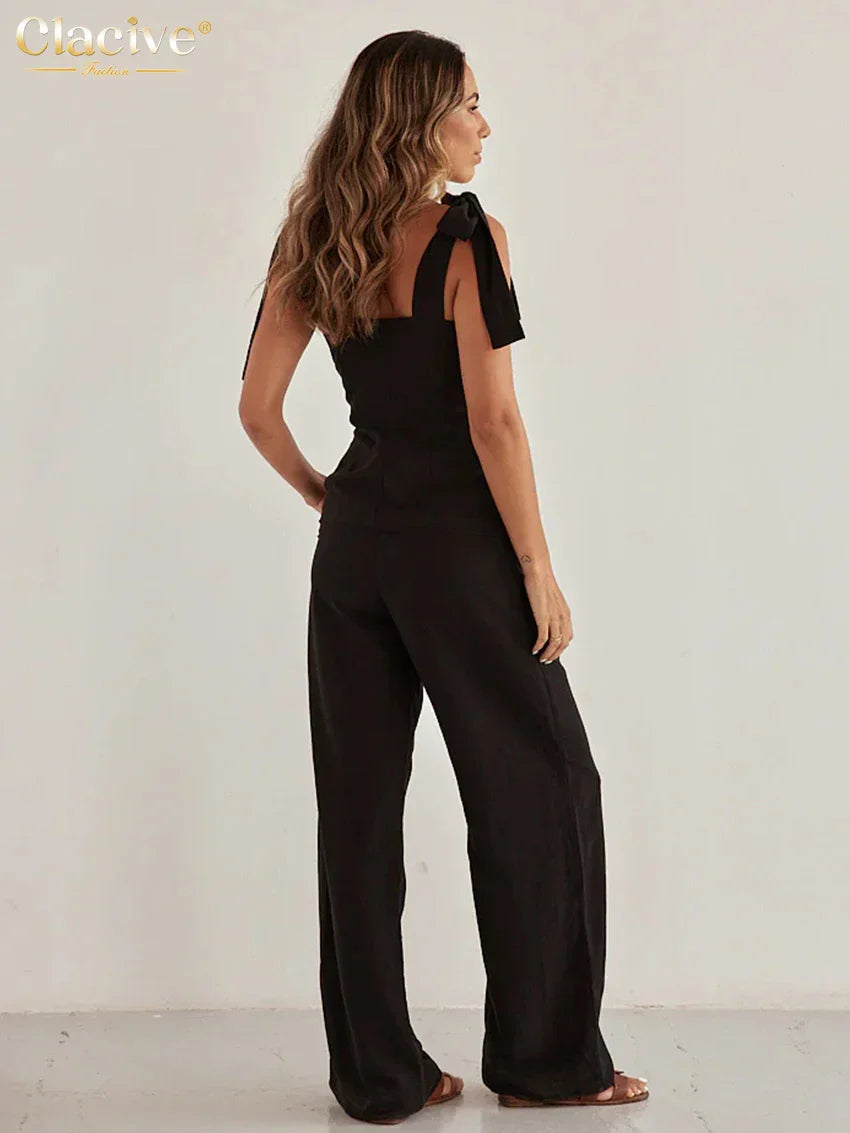 Black Cotton Slim Sleeveless Office Two Piece Set