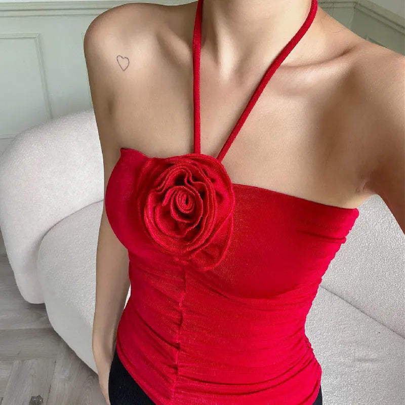 3D Rosette Halter Crop Top