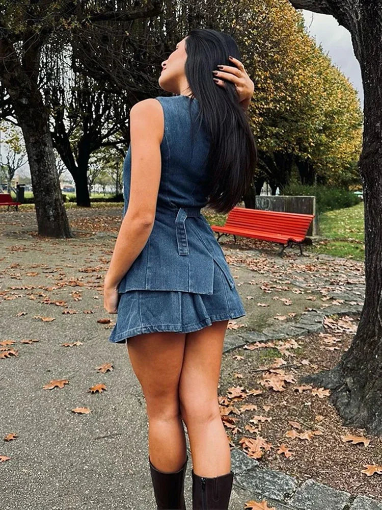 Denim Solid Button Sleeveless Office Two Piece Set