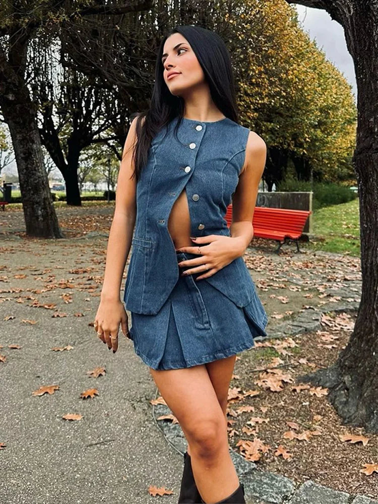 Denim Solid Button Sleeveless Office Two Piece Set