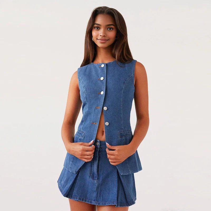 Conjunto de Dois Peças Jeans Liso com Botão e Sem Manga para Escritório