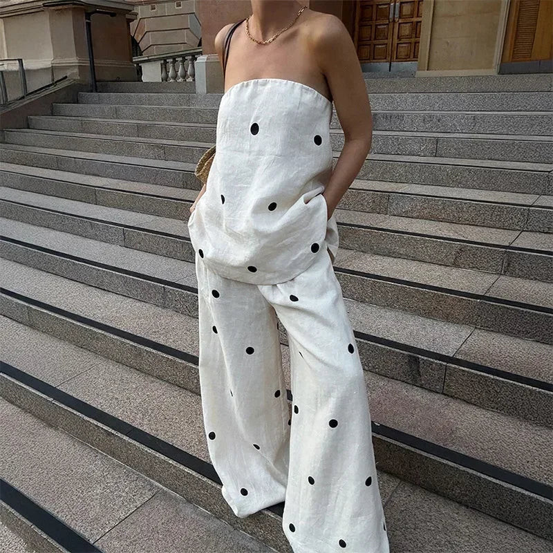Polka Dot Tube Top Wide Pants Office Two Piece Set