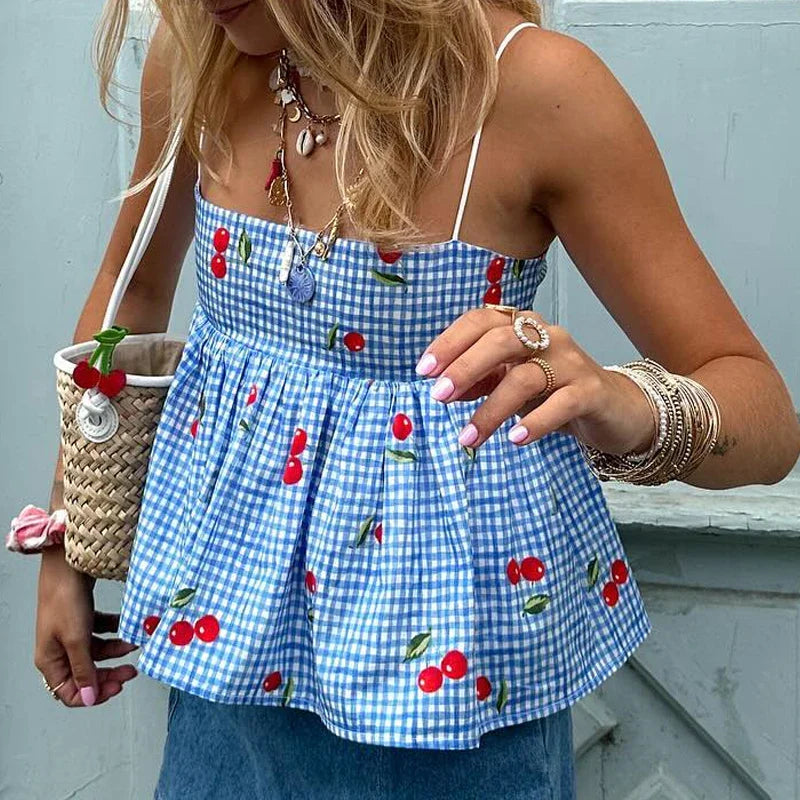 Cherry Plaid Peplum Crop Top