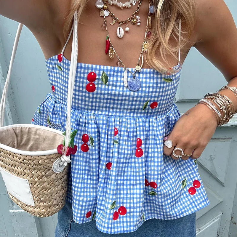 Cherry Plaid Peplum Crop Top