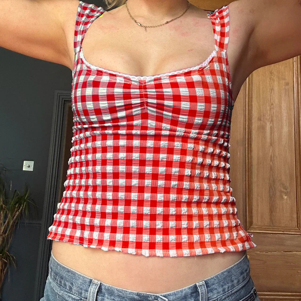 Checkered Lace Square Crop Top