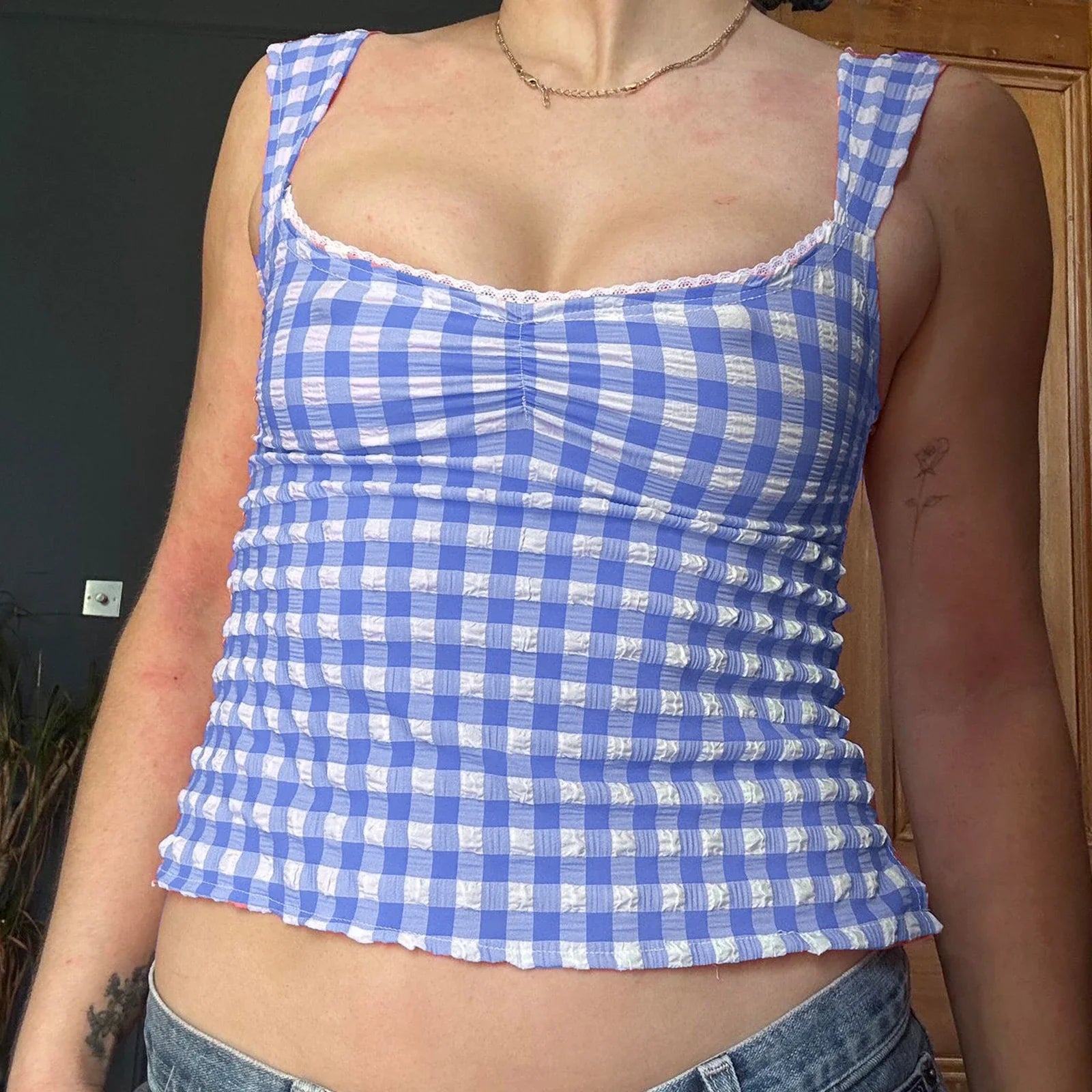 Checkered Lace Square Crop Top
