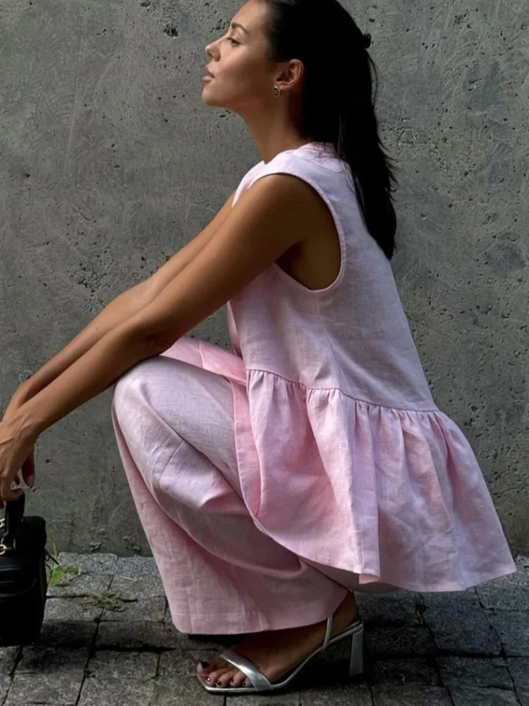 Pink Cotton Linen Loose Wide Office Two Piece Set