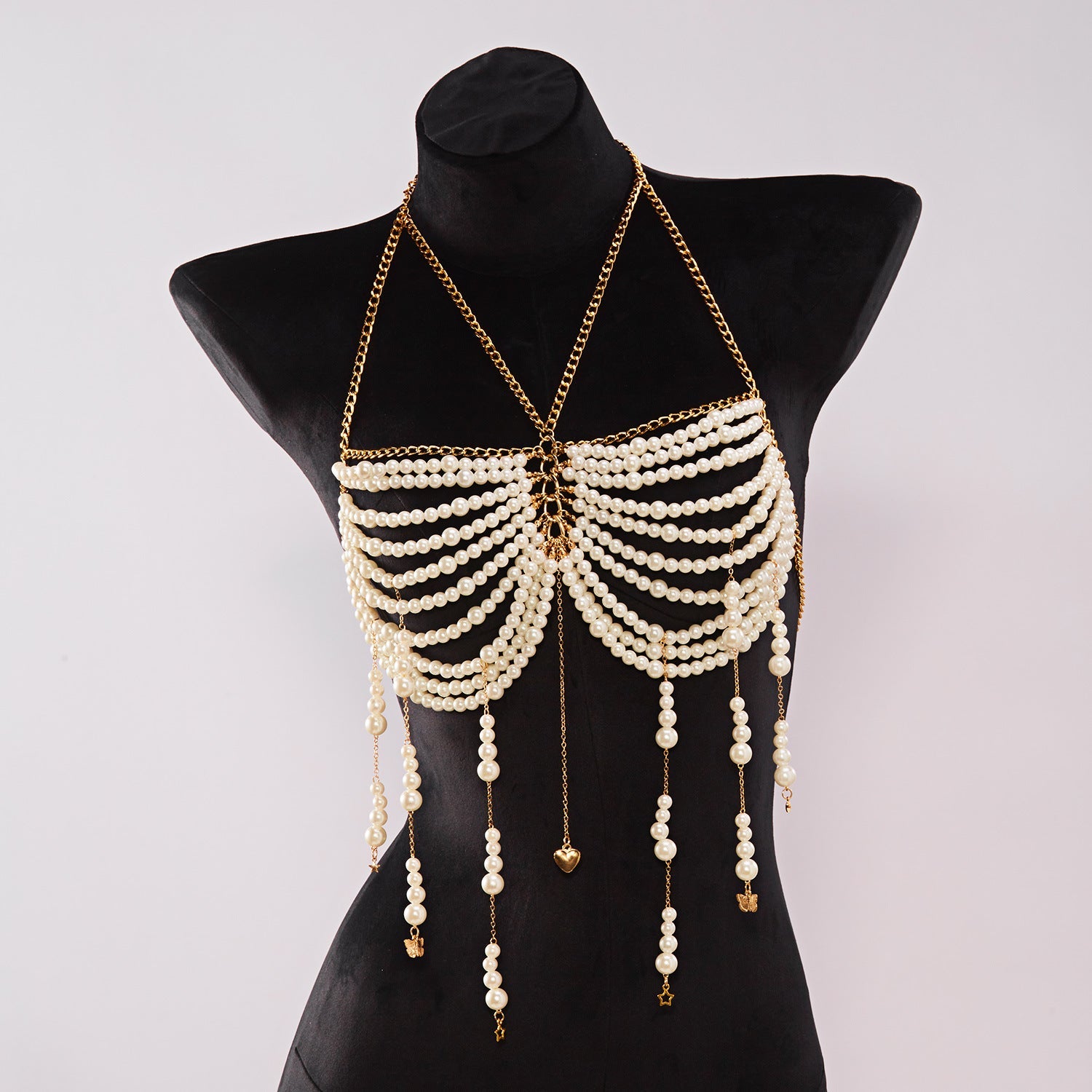 Catena per il corpo a collana con nappine e perline di perla a girocollo