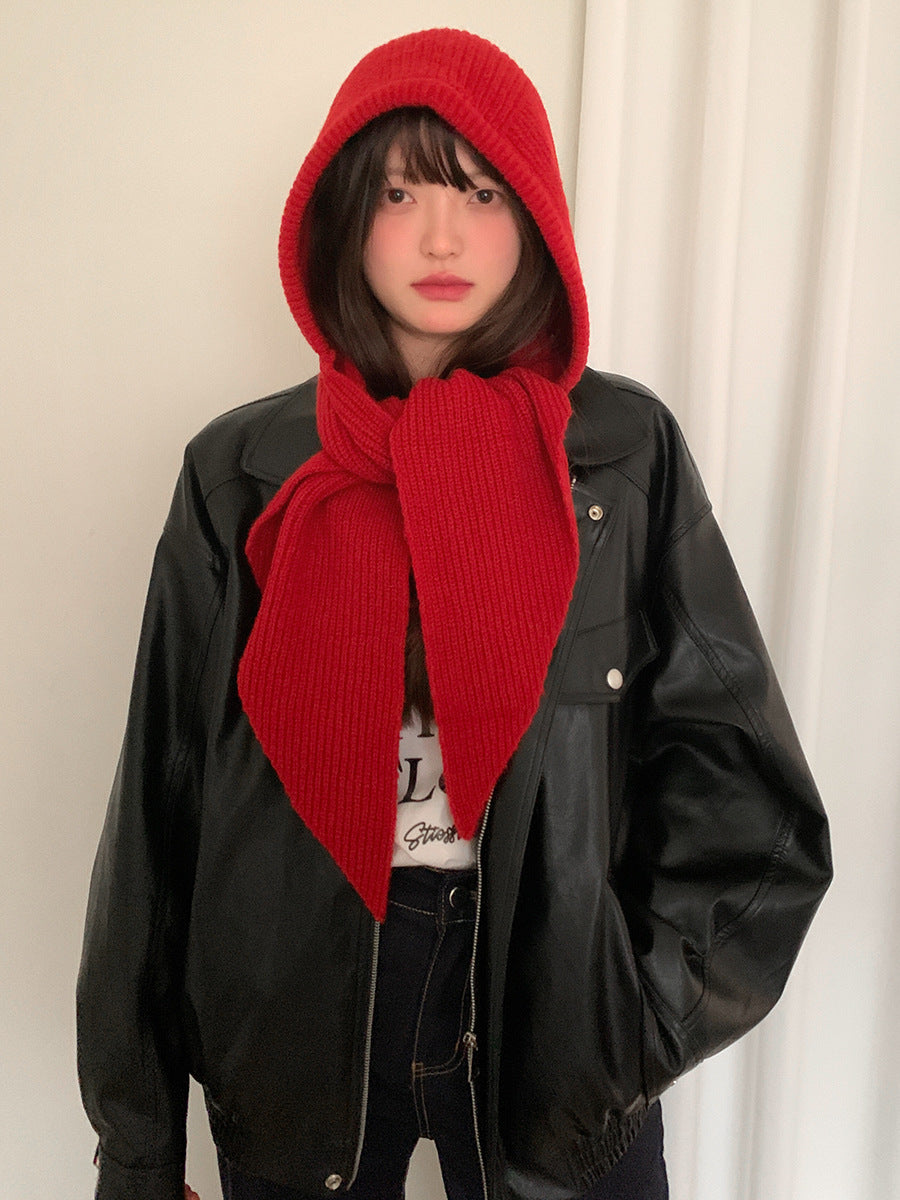 Solid Knitted Hooded Scarf