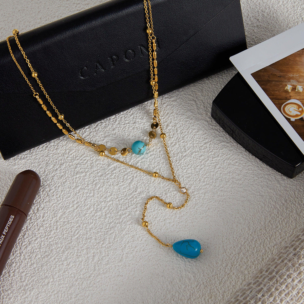 Collana a doppio strato a forma di Y con turchese blu titanio