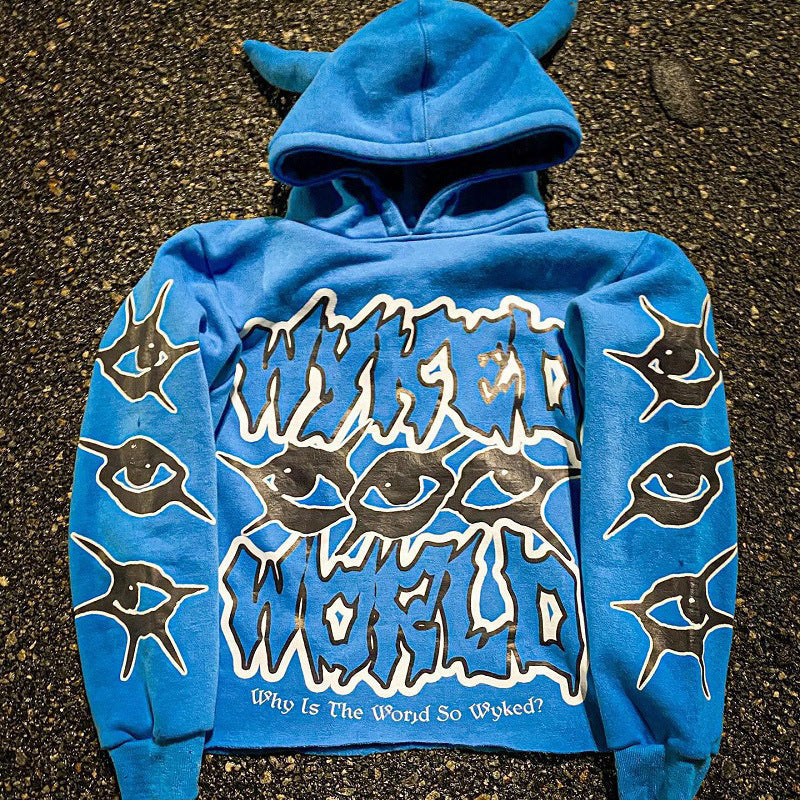 Sudadera con capucha de cuernos de diablo y estampado callejero estilo Y2K