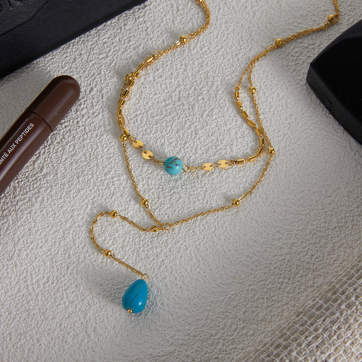 Collana a doppio strato a forma di Y con turchese blu titanio